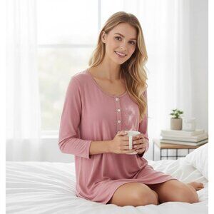 Pink POL Womens 3/4 Sleeve Henley Nightshirt Size S Soft Cotton Blend Relaxed Fi